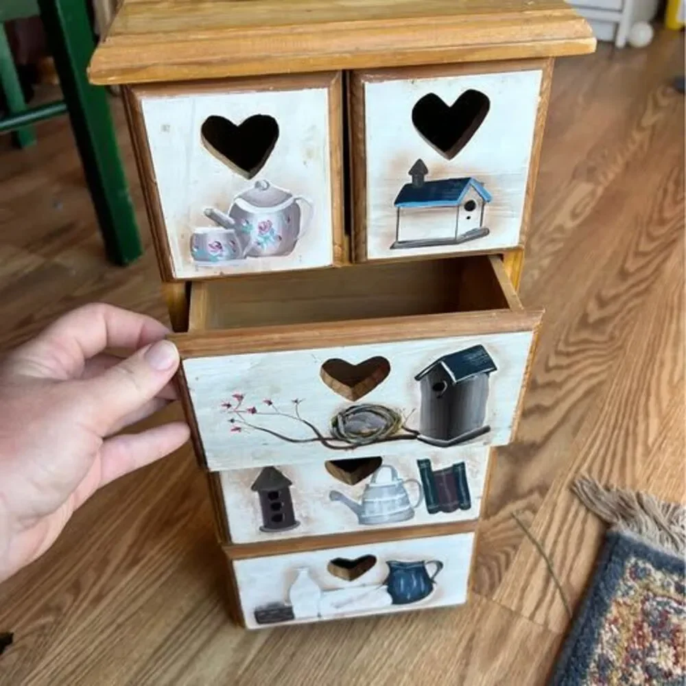 Hand Painted Wooden Mini Chest 5 Drawer Tabletop Organizer with Heart Cutouts